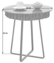 Runder Beistelltisch mit Glasplatte und Baumstamm-Optik, seitliche Perspektive