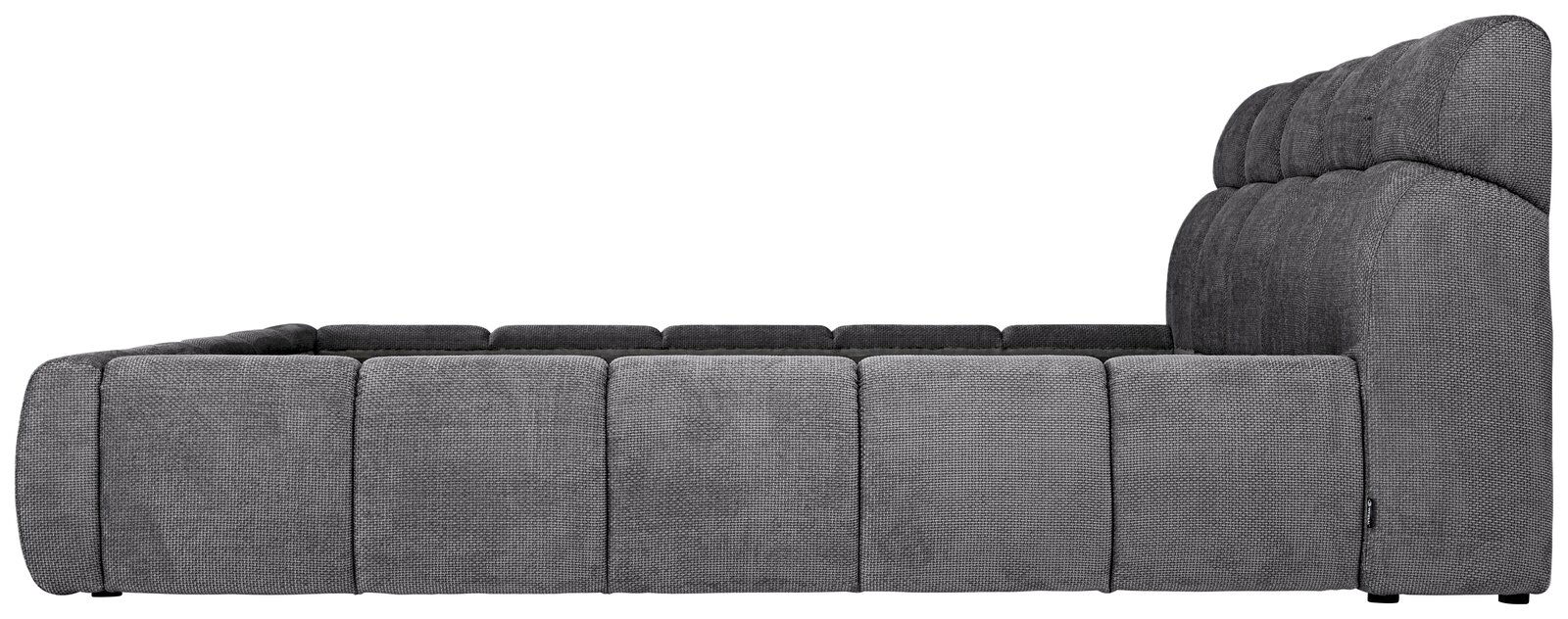 Seitliche Ansicht eines grauen Polsterbettgestells mit gepolstertem Kopfteil.