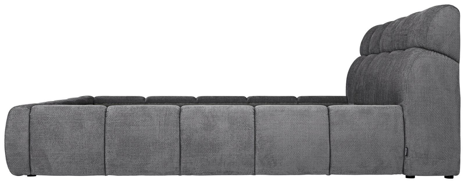 Seitliche Ansicht eines grauen Polsterbettgestells mit gepolstertem Kopfteil.