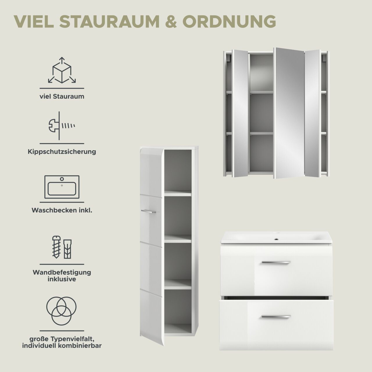 Marketinggrafik eines weißen Badezimmermöbel-Sets mit viel Stauraum: Spiegelschrank mit geöffneten Türen, Hochschrank mit geöffneter Tür und Waschtischunterschrank mit Waschbecken und zwei Schubladen; Perspektive: Frontansicht in leichter Schrägansicht.