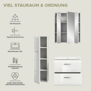 Marketinggrafik eines weißen Badezimmermöbel-Sets mit viel Stauraum: Spiegelschrank mit geöffneten Türen, Hochschrank mit geöffneter Tür und Waschtischunterschrank mit Waschbecken und zwei Schubladen; Perspektive: Frontansicht in leichter Schrägansicht.