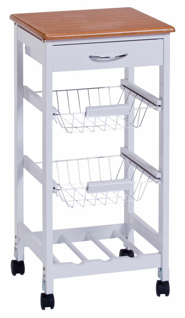 Zeller Present Küchenrollwagen Küchenrollwagen mit Holzplatte, Schublade und zwei Drahtkörben, auf Rollen, seitliche Perspektive