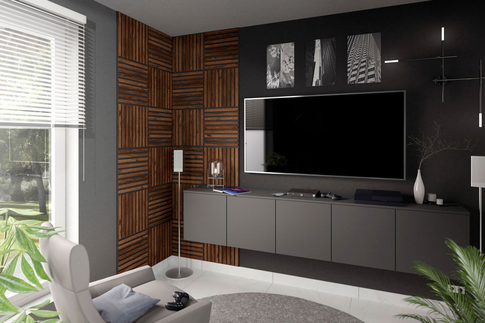 Modernes Wohnzimmer mit Dekopaneel 6er-Set an der Wand, seitliche Perspektive.