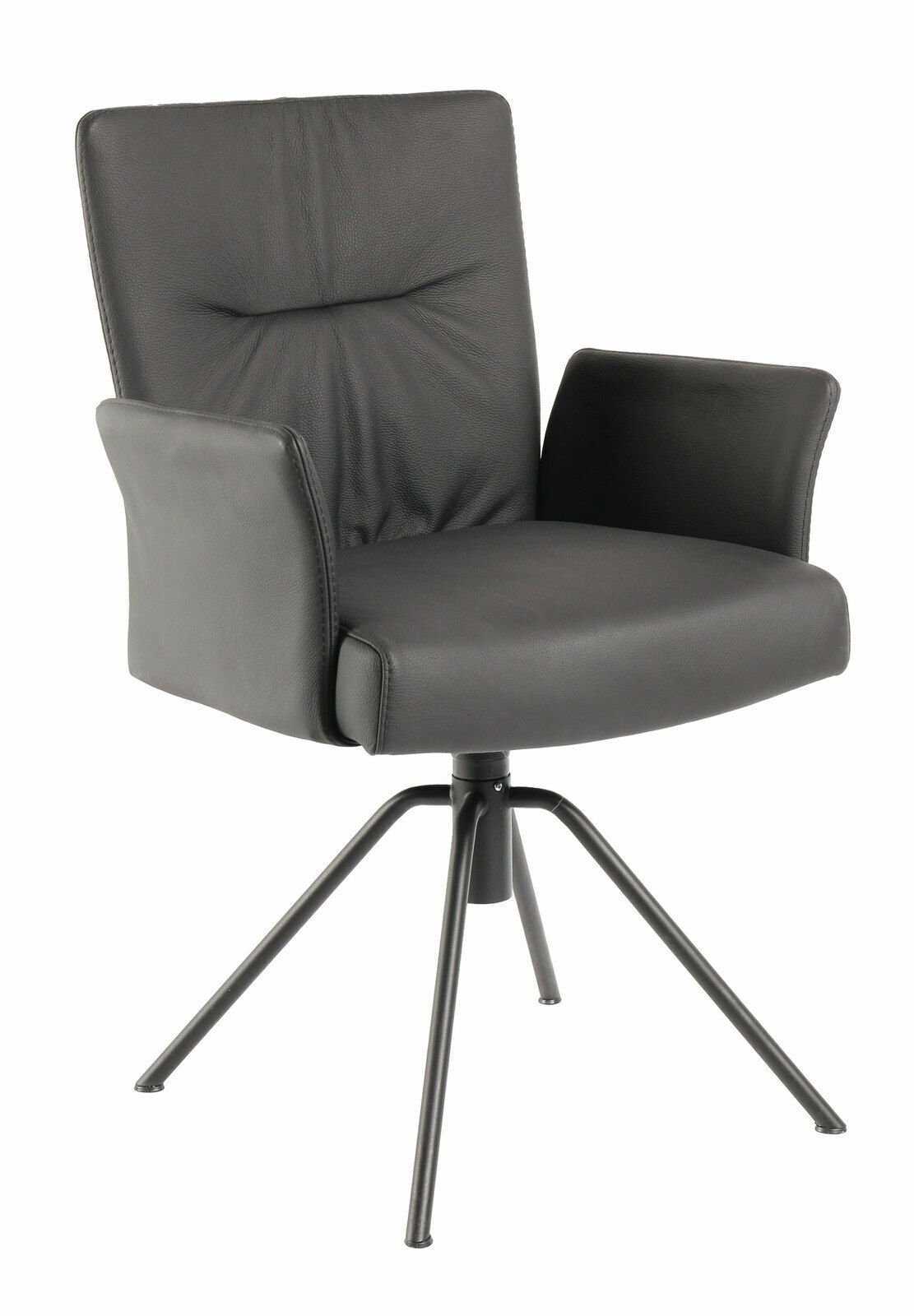 Moderner schwarzer Sessel mit Armlehnen und Metallbeinen, seitliche Perspektive