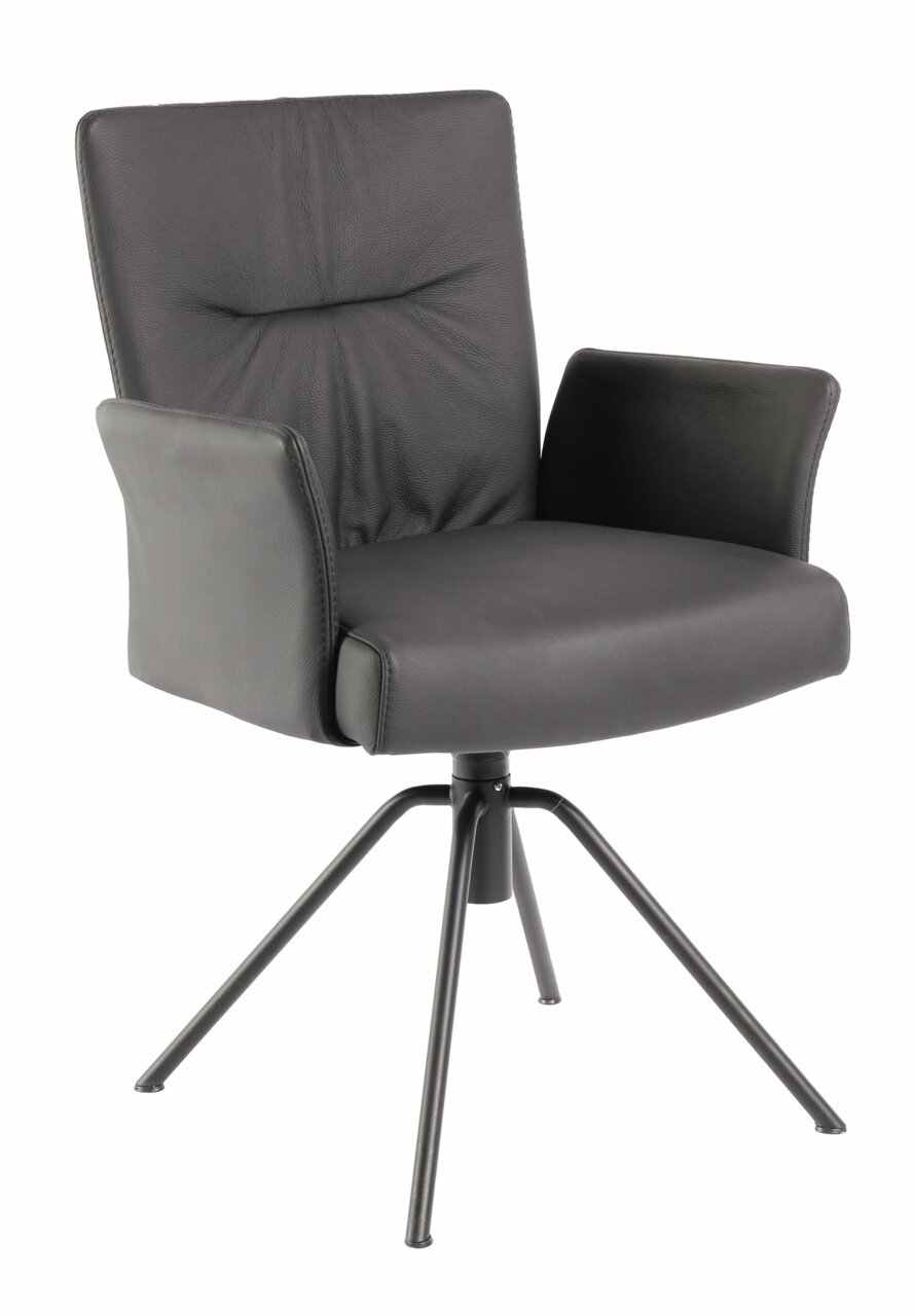 Moderne zwarte fauteuil met armleuningen en metalen poten, zijaanzicht