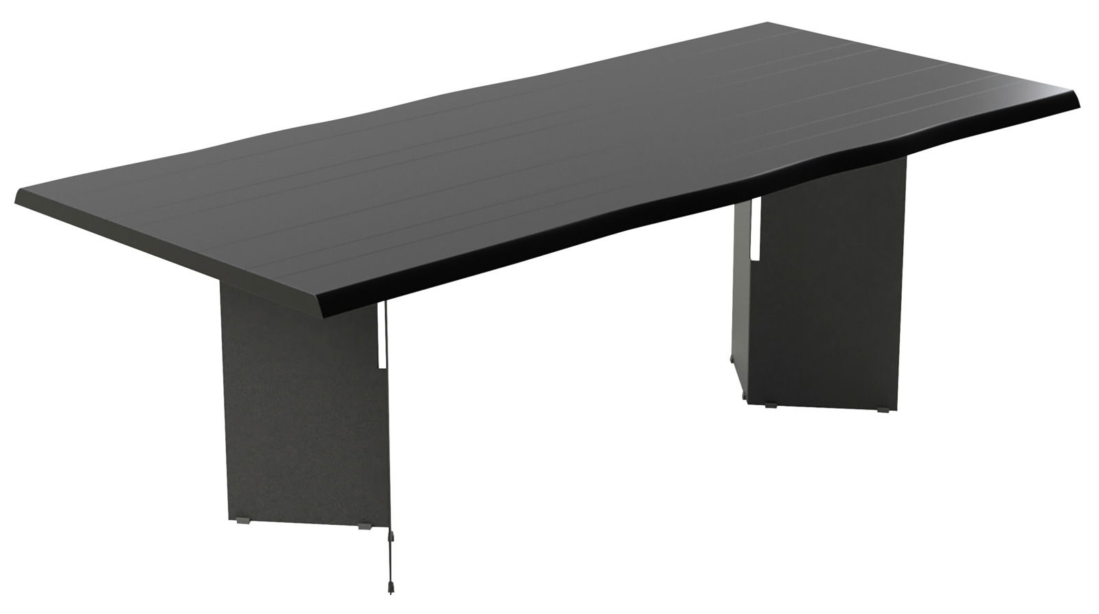 Moderner Esstisch mit schwarzer Tischplatte und stabilen Beinen, seitliche Perspektive