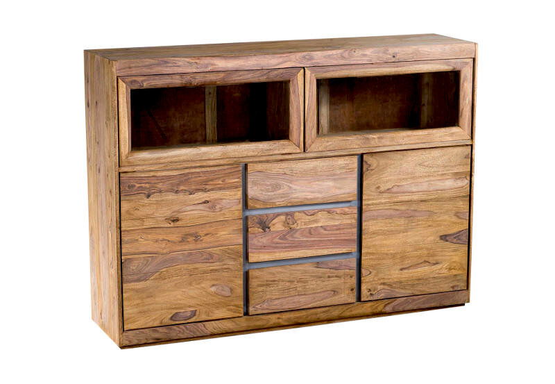 Hochwertiges Highboard aus Holz mit zwei offenen Fächern und drei Schubladen, frontal betrachtet.