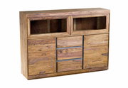 Hochwertiges Highboard aus Holz mit zwei offenen Fächern und drei Schubladen, frontal betrachtet.