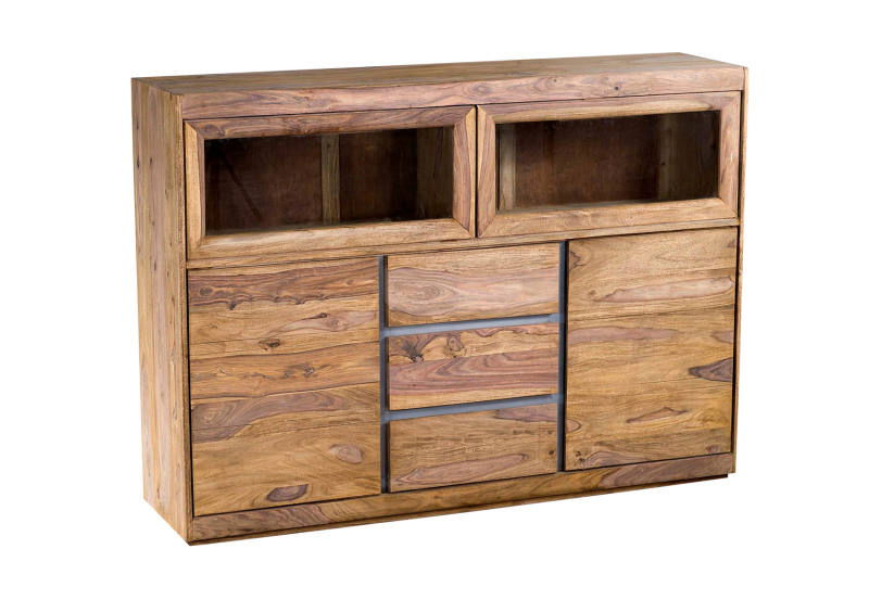 Hochwertiges Highboard aus Holz mit zwei offenen Fächern und drei Schubladen, frontal betrachtet.