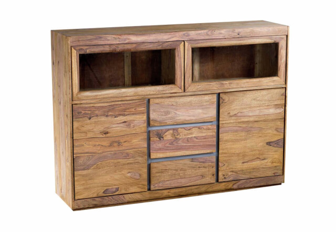 Landscape Highboard SELONG Hochwertiges Highboard aus Holz mit zwei offenen Fächern und drei Schubladen, frontal betrachtet.