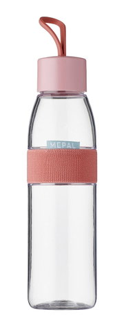 Transparente Trinkflasche mit rosa Deckel und Griff, seitliche Ansicht