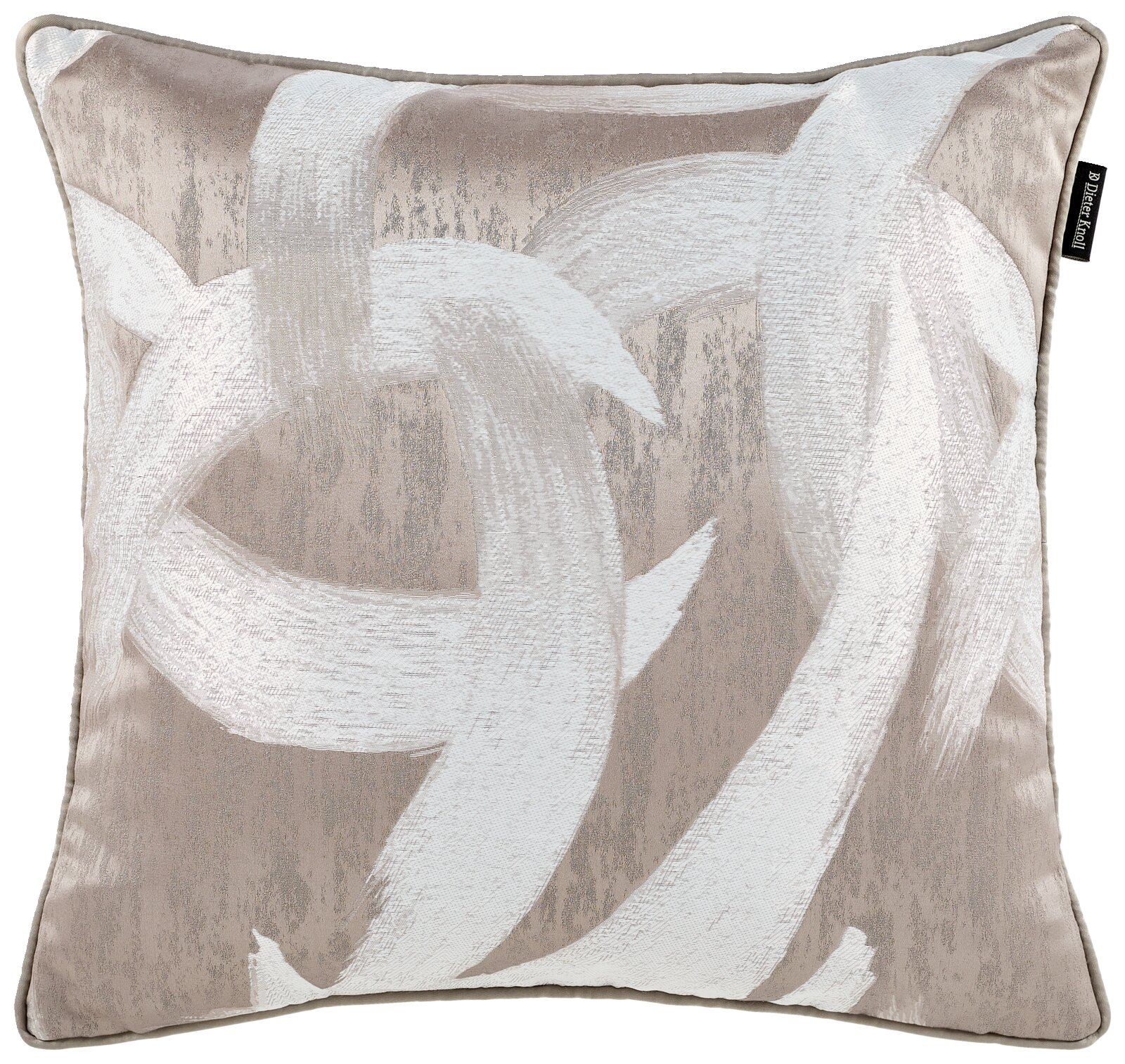 Kussenhoes met abstract patroon in beige en wit, afgebeeld vanaf de voorkant.