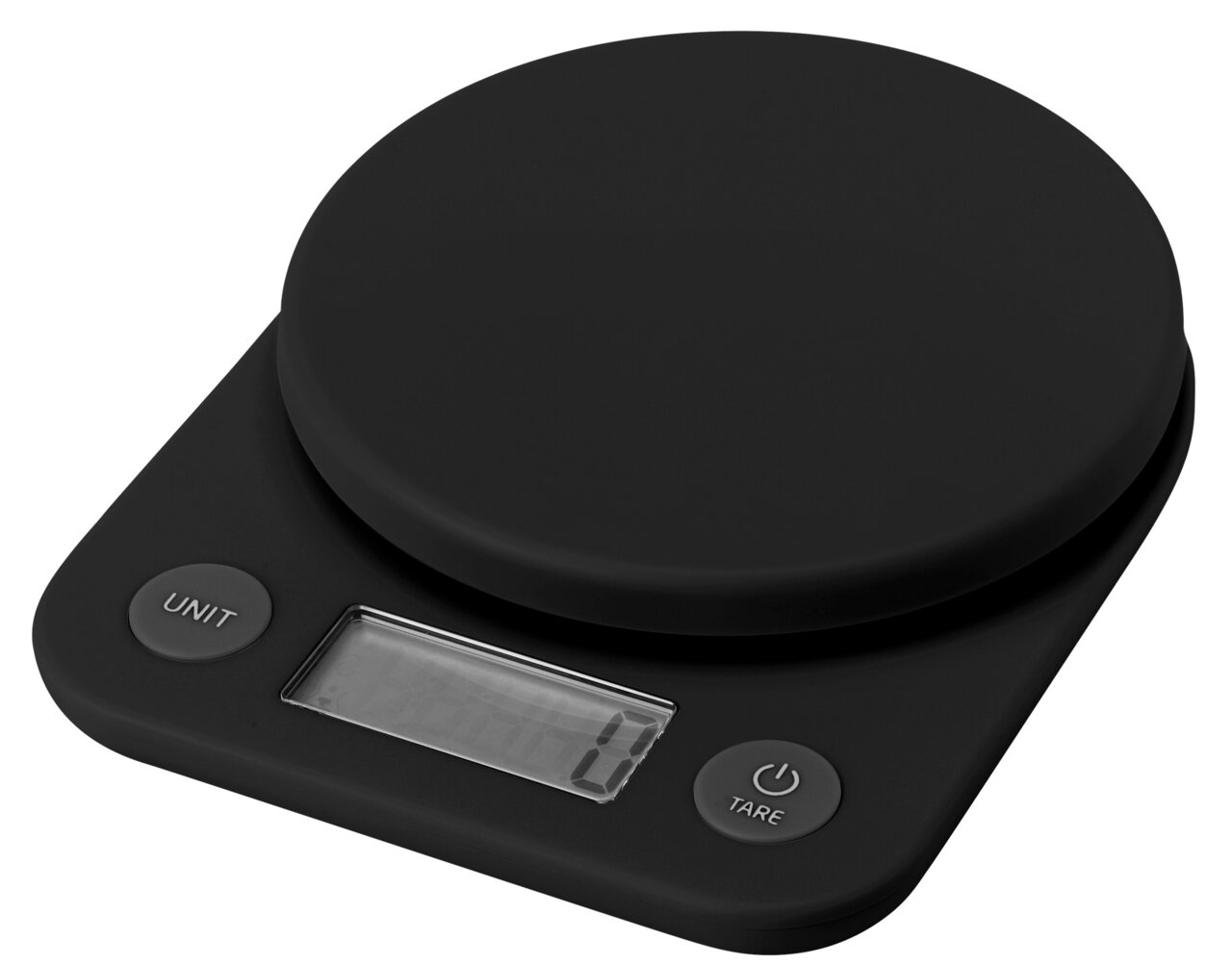 Stelton Küchenwaage FOODIE Schwarze digitale Küchenwaage mit runder Wiegefläche, seitlicher Perspektive, zeigt ein Display und zwei Tasten für Einheit und Tara.