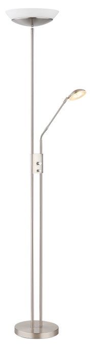 Moderner Deckenfluter mit zusätzlicher Leselampe, silbernes Design, seitliche Perspektive