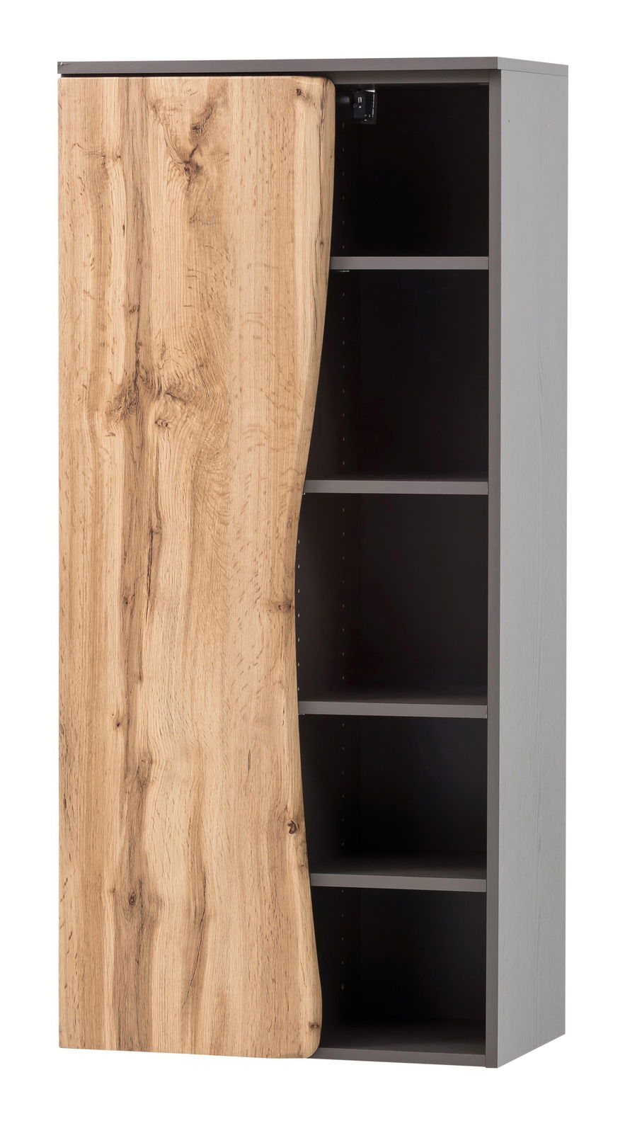 Midischrank 60 mit Holzoptik-Tür, teilweise geöffnet, seitliche Perspektive