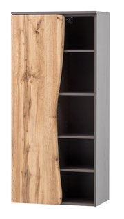 Midischrank 60 mit Holzoptik-Tür, teilweise geöffnet, seitliche Perspektive