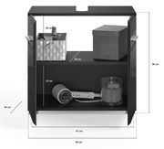 Frontale Ansicht eines schwarzen Badschranks mit zwei offenen Regalfächern, gefüllt mit einem Korb, einer Box und einem Haartrockner. Maße sind angegeben.