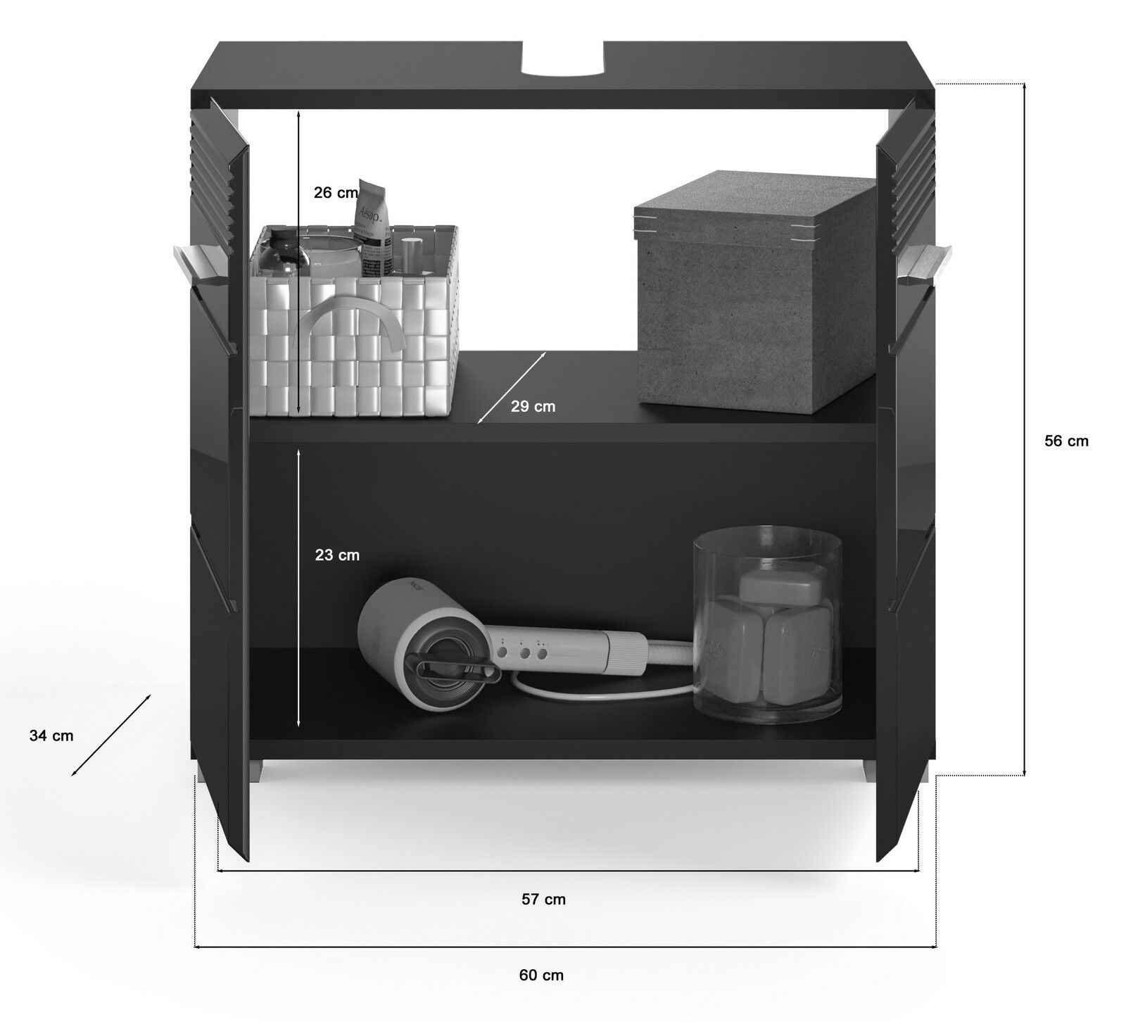 Frontale Ansicht eines schwarzen Badschranks mit zwei offenen Regalfächern, gefüllt mit einem Korb, einer Box und einem Haartrockner. Maße sind angegeben.