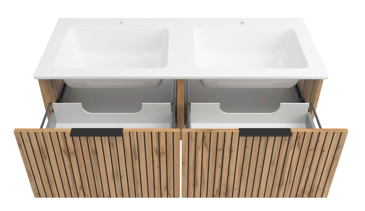 Waschtisch-Set 120 cm mit zwei Waschbecken und Holzfront, Ansicht von oben
