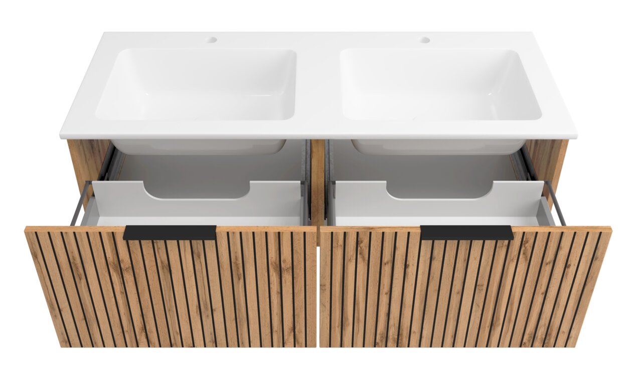 Waschtisch-Set 120 cm mit zwei Waschbecken und Holzfront, Ansicht von oben
