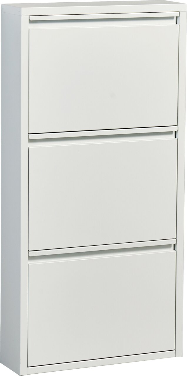 Een witte, eenvoudige schoenendoos met drie kleppen, vrijstaand tegen een witte achtergrond, in vooraanzicht met een licht zijdelings perspectief.