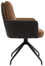 Seitenansicht eines Sessels mit braunem Stoffbezug und schwarzem Metallgestell.