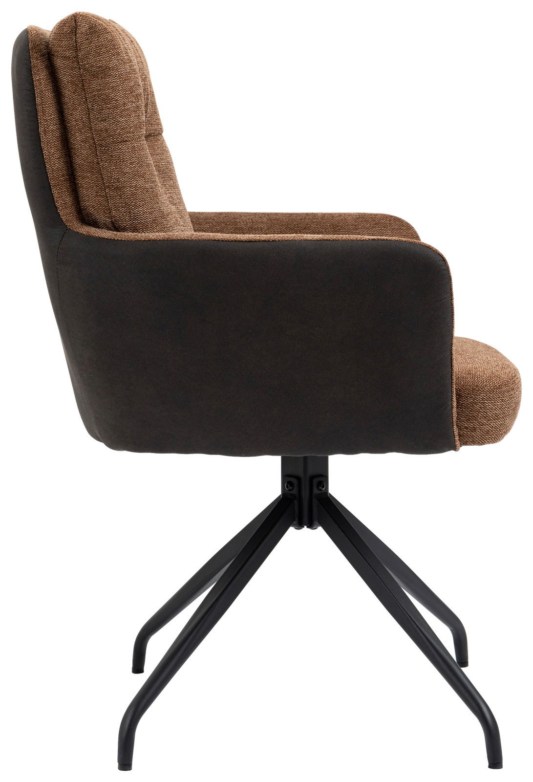 Seitenansicht eines Sessels mit braunem Stoffbezug und schwarzem Metallgestell.