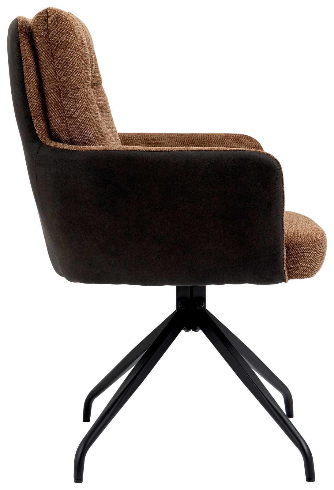 Seitenansicht eines Sessels mit braunem Stoffbezug und schwarzem Metallgestell.