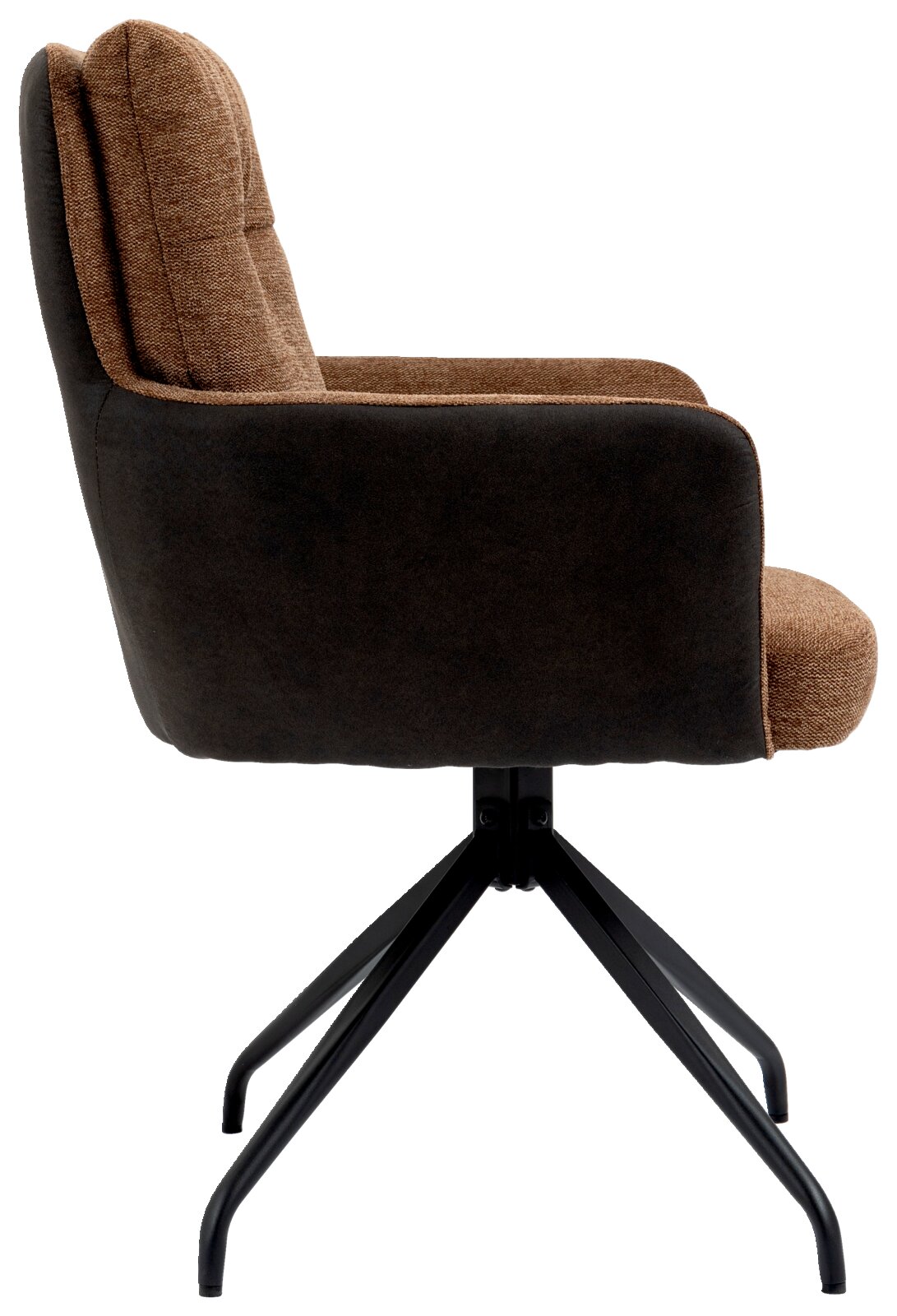 Zijaanzicht van een fauteuil met bruine stoffen bekleding en een zwart metalen frame.