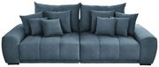 Großes, modernes Big-Sofa in blauer Stoffoptik mit mehreren Kissen, Frontalansicht.