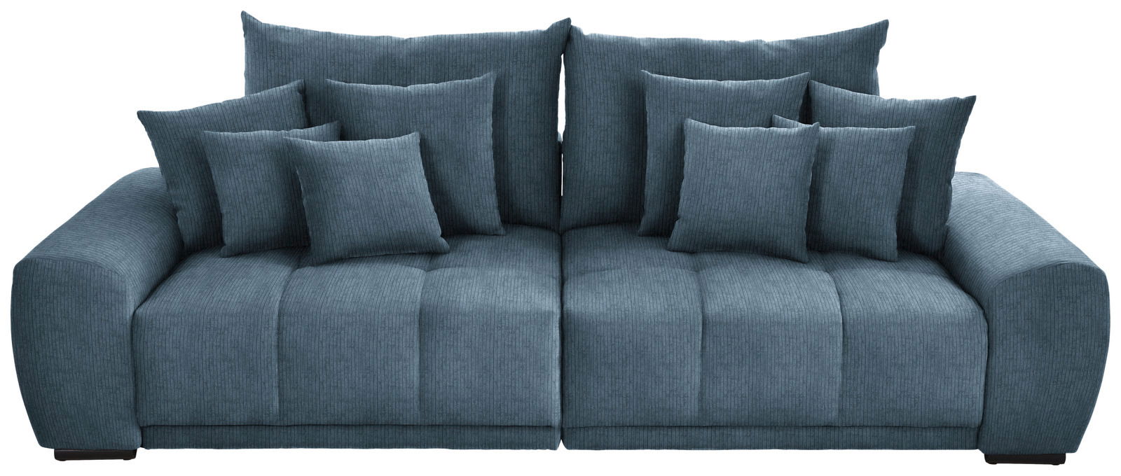 Großes, modernes Big-Sofa in blauer Stoffoptik mit mehreren Kissen, Frontalansicht.