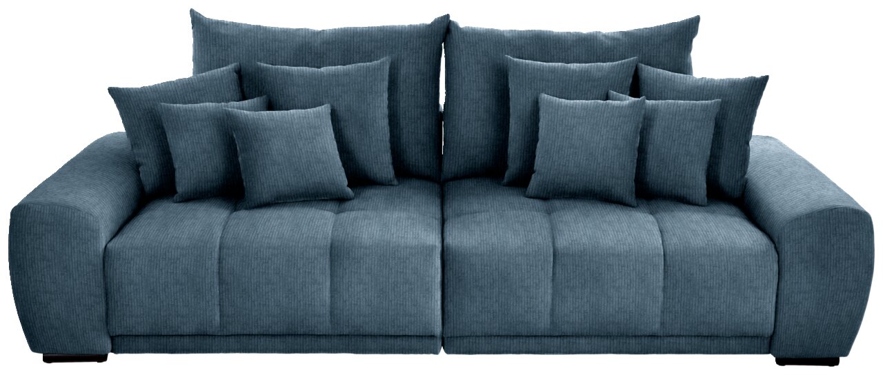 Großes, modernes Big-Sofa in blauer Stoffoptik mit mehreren Kissen, Frontalansicht.