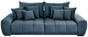Großes, modernes Big-Sofa in blauer Stoffoptik mit mehreren Kissen, Frontalansicht.