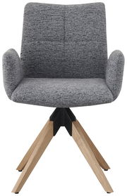 Grauer Armlehnstuhl mit Holzbeinen, Vorderansicht