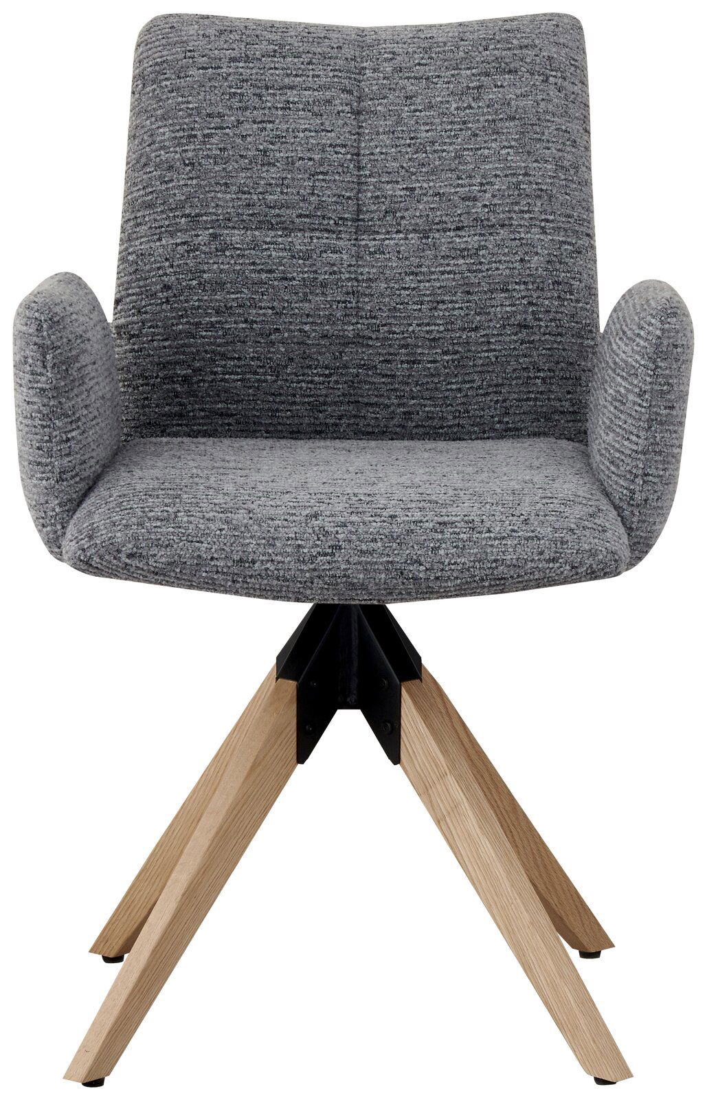 Grauer Armlehnstuhl mit Holzbeinen, Vorderansicht