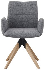 Grauer Armlehnstuhl mit Holzbeinen, Vorderansicht