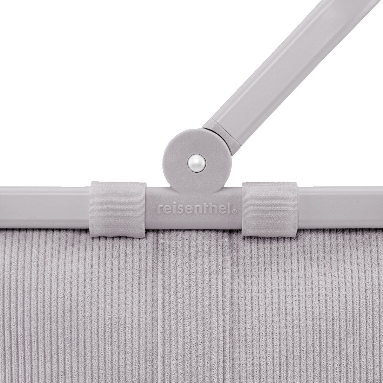 Reisenthel Carrybag Cord grey Nahaufnahme eines grauen Tragekorbs mit geripptem Stoff und einem stabilen Griff, seitliche Perspektive.