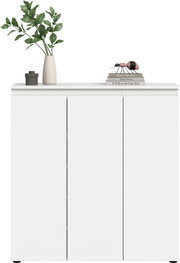 Weißes, minimalistisches Sideboard mit drei grifflosen Türen, frontal aus der Vorderansicht auf weißem Hintergrund; oben dekoriert mit Vase mit grünen Zweigen, kleiner Dose, Bücherstapel und Deko-Ameise.