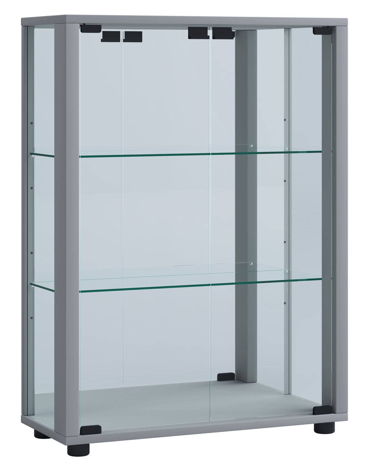 Glasvitrine mit silbernem Aluminiumrahmen, zwei Glasböden und transparenten Glastüren, gezeigt in frontaler Ansicht leicht von links.