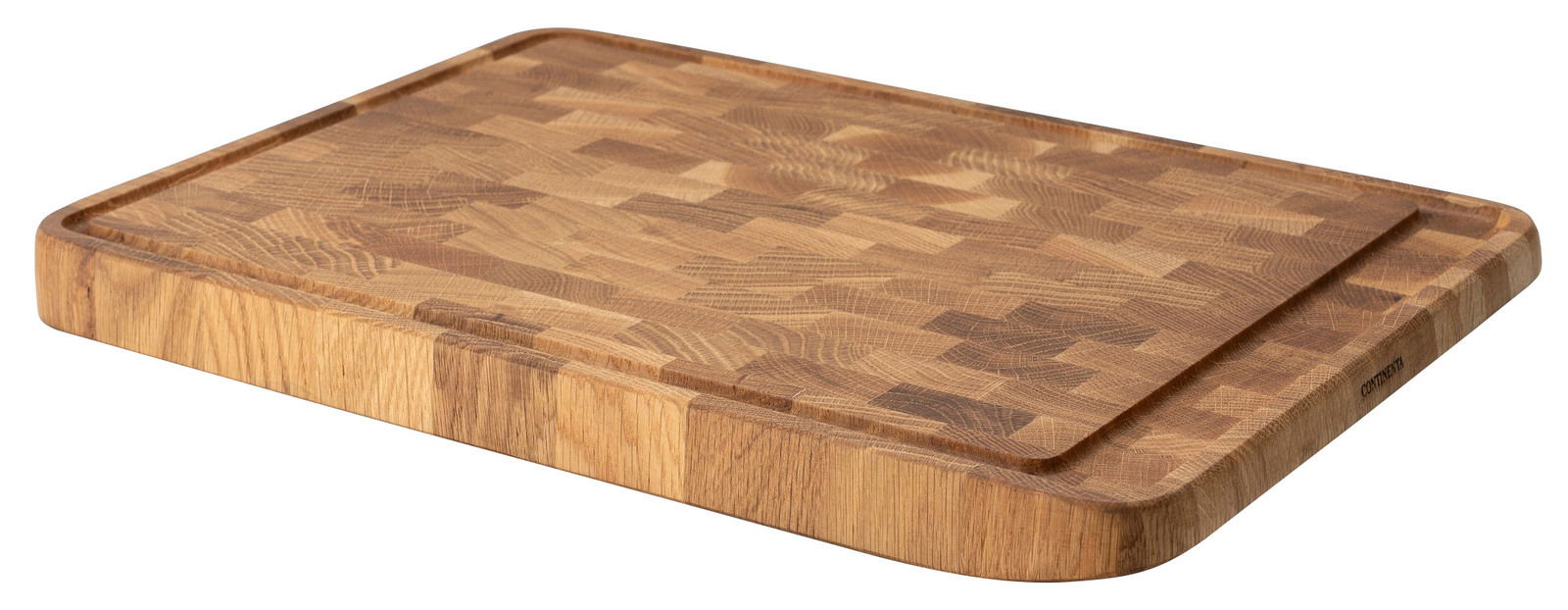 Tranchierbrett aus Eiche Stirnholz in schräger Perspektive, zeigt die robuste Holzmaserung und die abgerundeten Kanten.