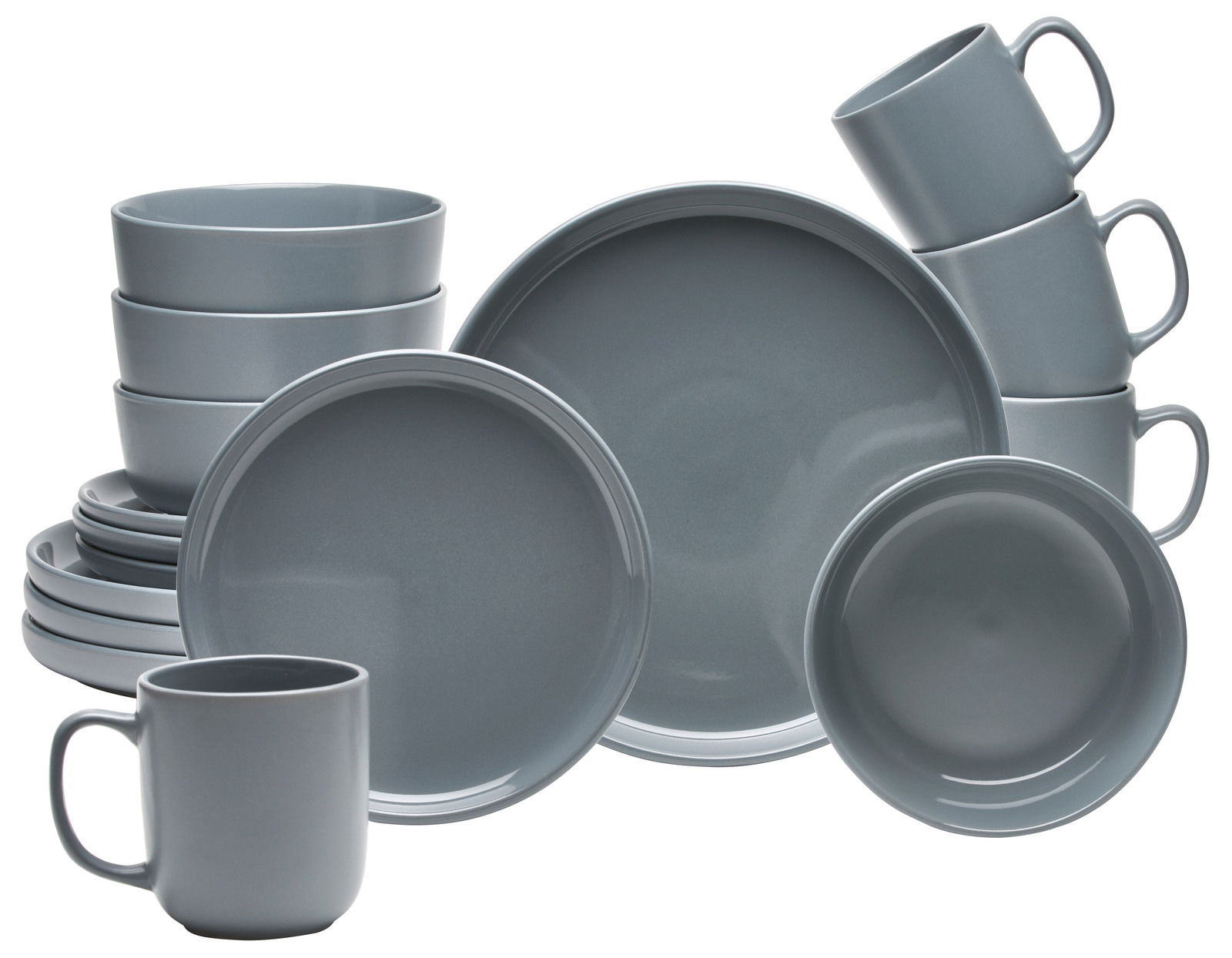 Graues 16-teiliges Kombiservice Linz, bestehend aus Tellern, Schalen und Tassen, aus frontaler Perspektive.