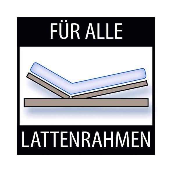 Illustration einer Wendematratze auf einem verstellbaren Lattenrahmen, geeignet für alle Lattenrahmen, seitliche Perspektive.