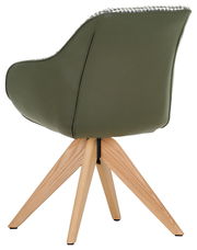 Rückansicht eines grünen Armlehnstuhls mit Holzbeinen