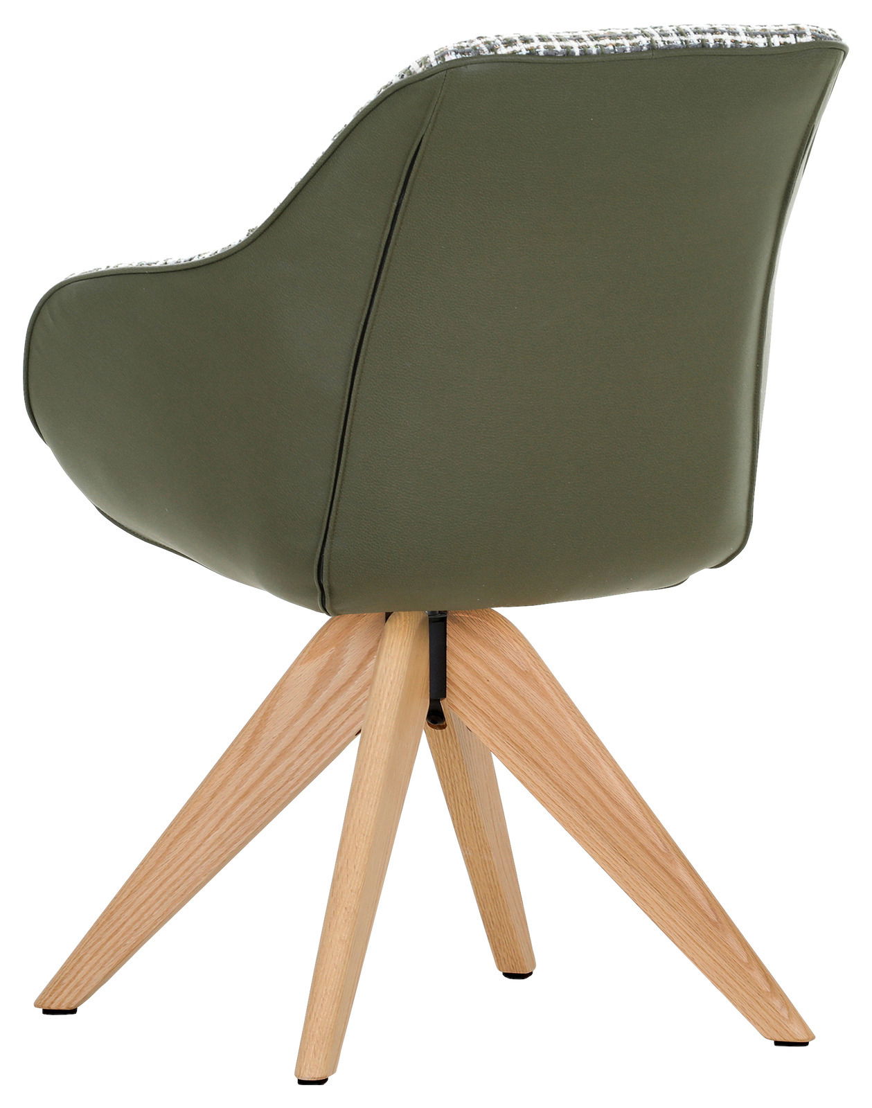 Rückansicht eines grünen Armlehnstuhls mit Holzbeinen