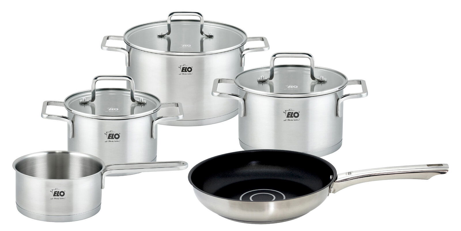 Elo Topfset 5-tlg. TOPAS Topfset Topas 5-tlg. aus Edelstahl, bestehend aus vier Töpfen mit Glasdeckeln und einer Pfanne, in einer leicht seitlichen Perspektive.