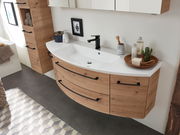 Moderne Badkombination aus Holz mit Waschbecken und Stauraum, seitliche Perspektive