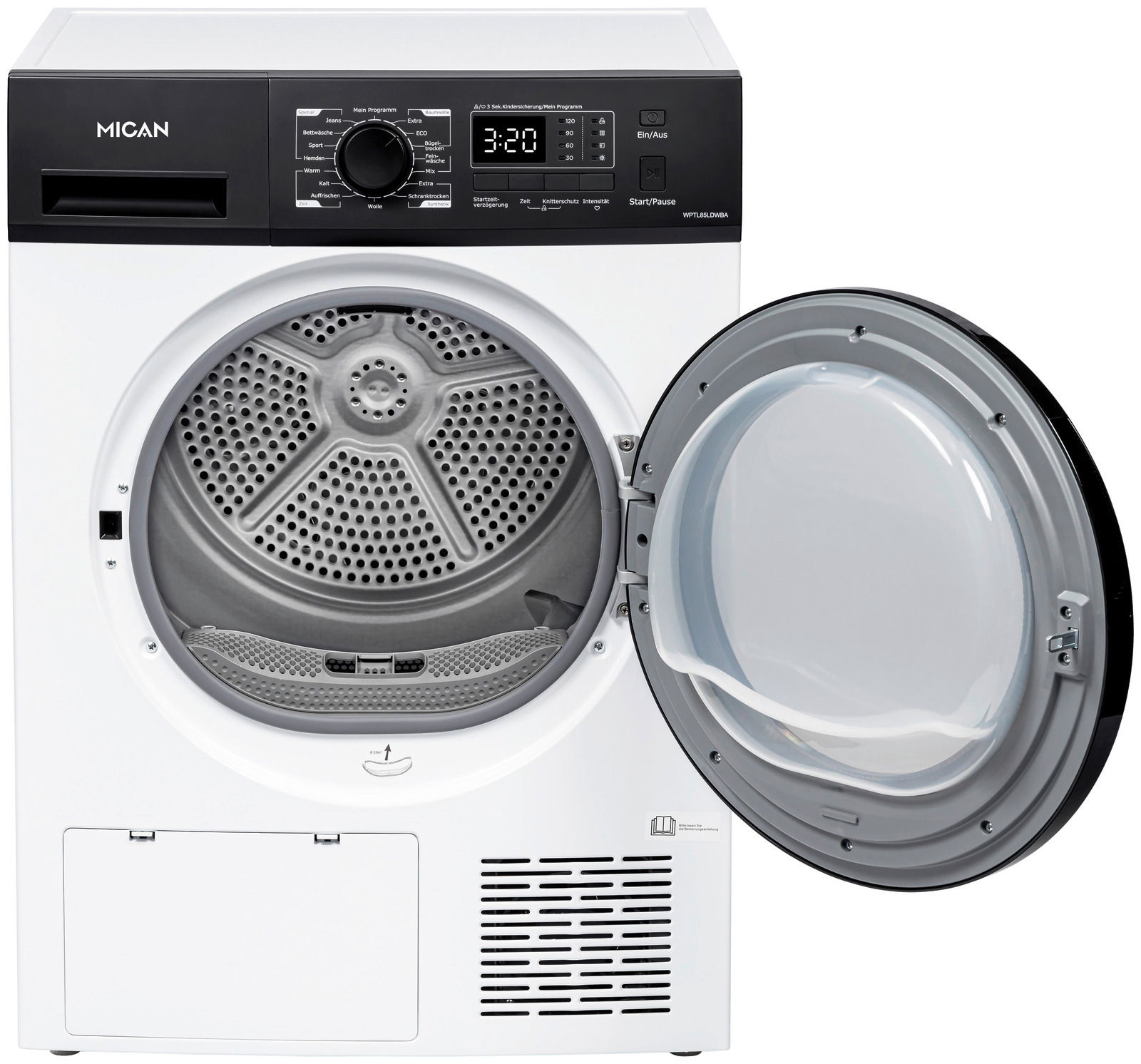 Frontansicht eines Stand-Wärmepumpentrockners mit geöffneter Tür und sichtbarer Trommel.