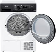 Frontansicht eines Stand-Wärmepumpentrockners mit geöffneter Tür und sichtbarer Trommel.