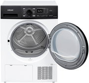 Frontansicht eines Stand-Wärmepumpentrockners mit geöffneter Tür und sichtbarer Trommel.