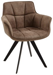 Brauner Sessel mit gepolstertem Sitz und Rückenlehne, schwarzes Metallgestell, seitliche Perspektive